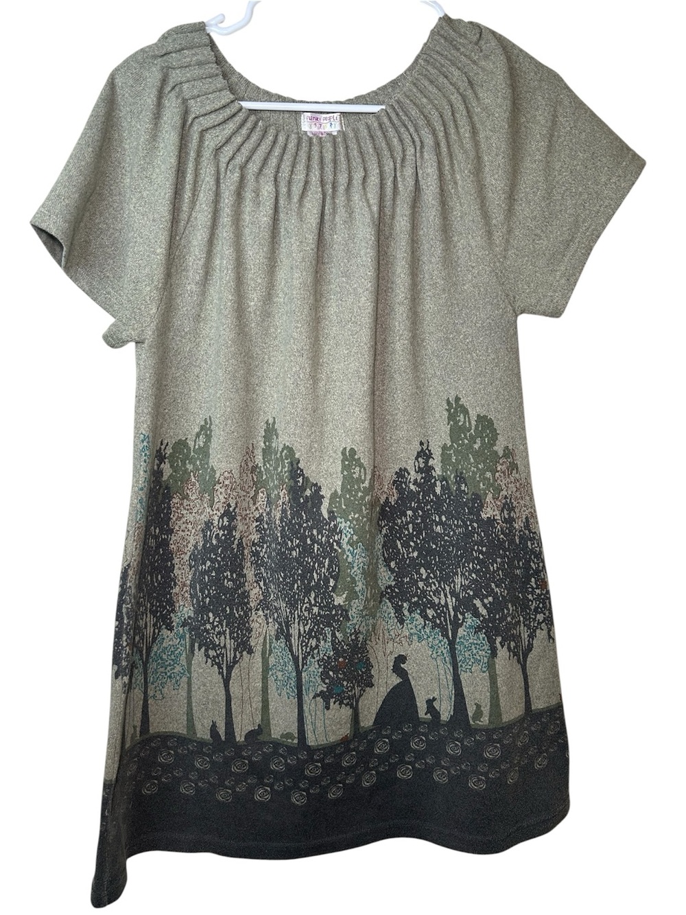 Funky People Womens Green Short Sleeve Fairy Tale Tree Print XL VTG Top Mystical
